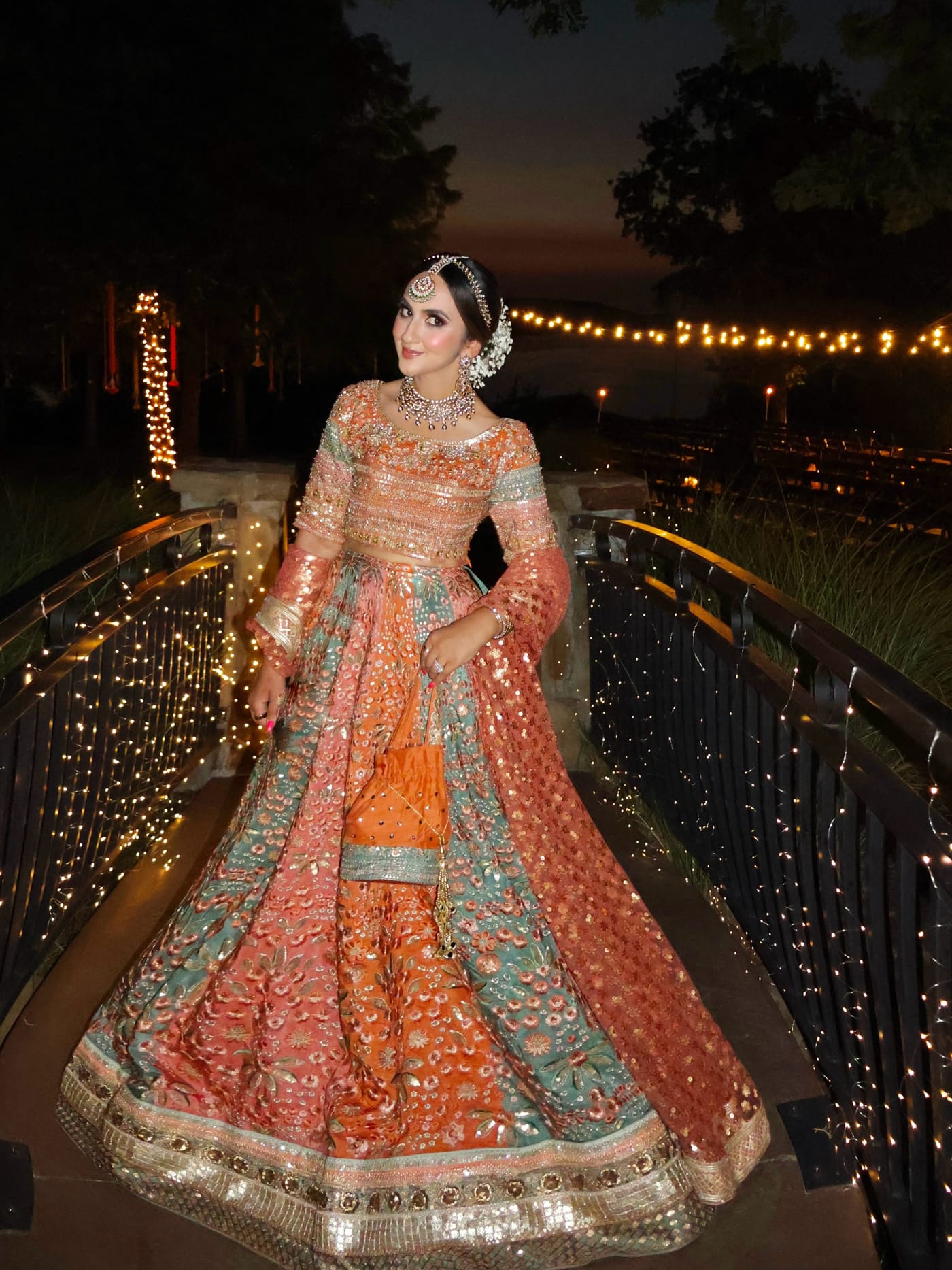 Multi-colour bridal lehnga at dusk