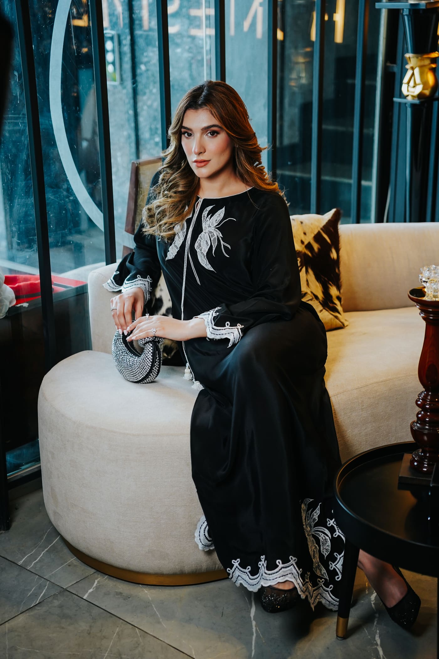 Black kaftan with ivory embroidery